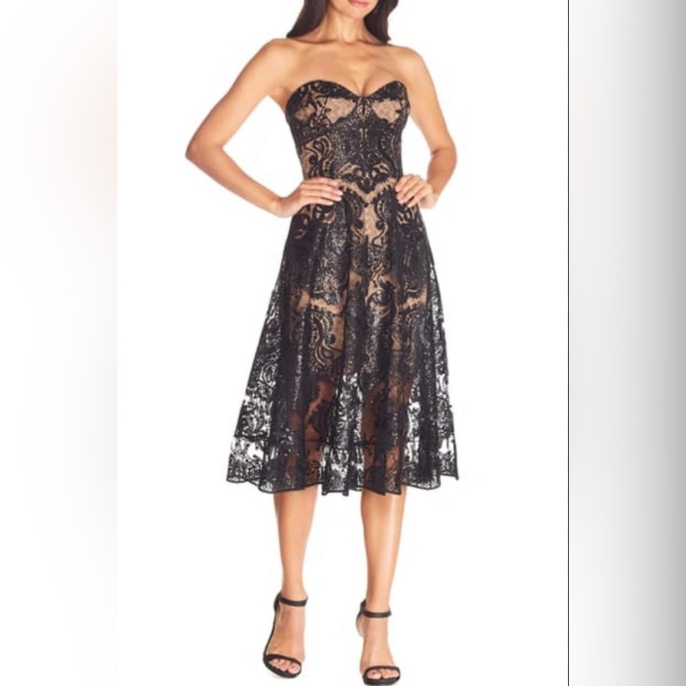 Dress the Population Black Sadie Sequin Lace Dress Strapless Lined M NWT!